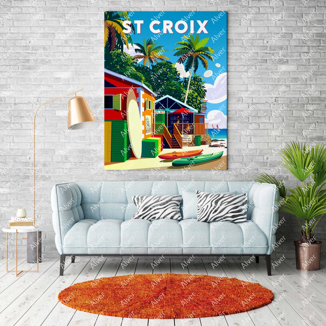 St Croix Tropical Beach Bar Kayaks Surfboard Caribbean Travel Poster - Image 2