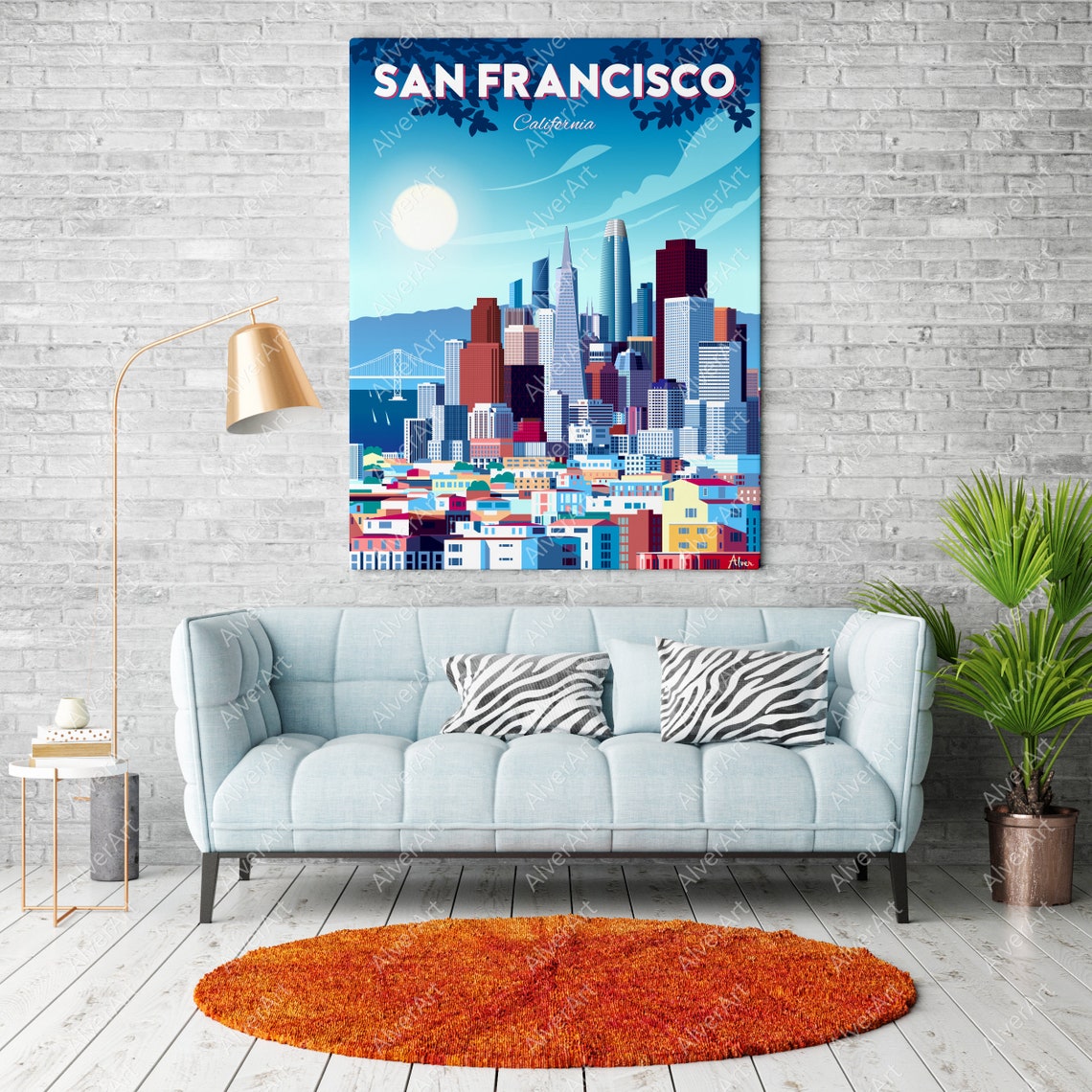 San Francisco California Skyline Bay Bridge Retro Travel Poster - Image 2