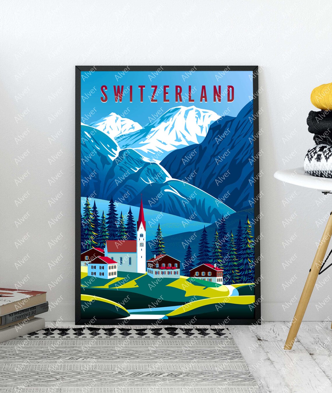 Switzerland Alpine Village Church Snowy Mountain Peaks Poster - Image 3