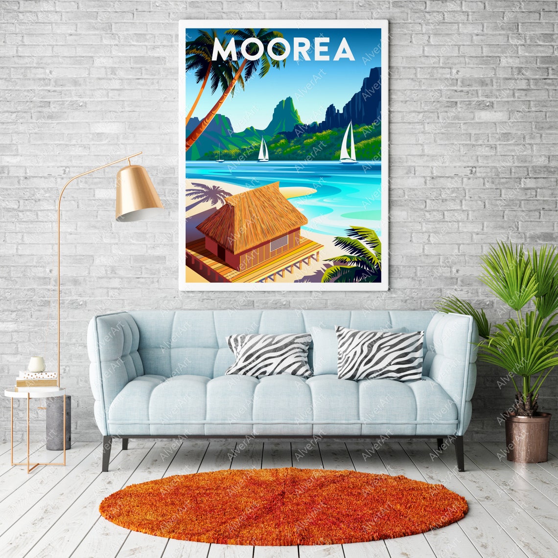 Moorea Sailboats Thatched Beach Hut Volcanic Peaks Island Poster - Image 2
