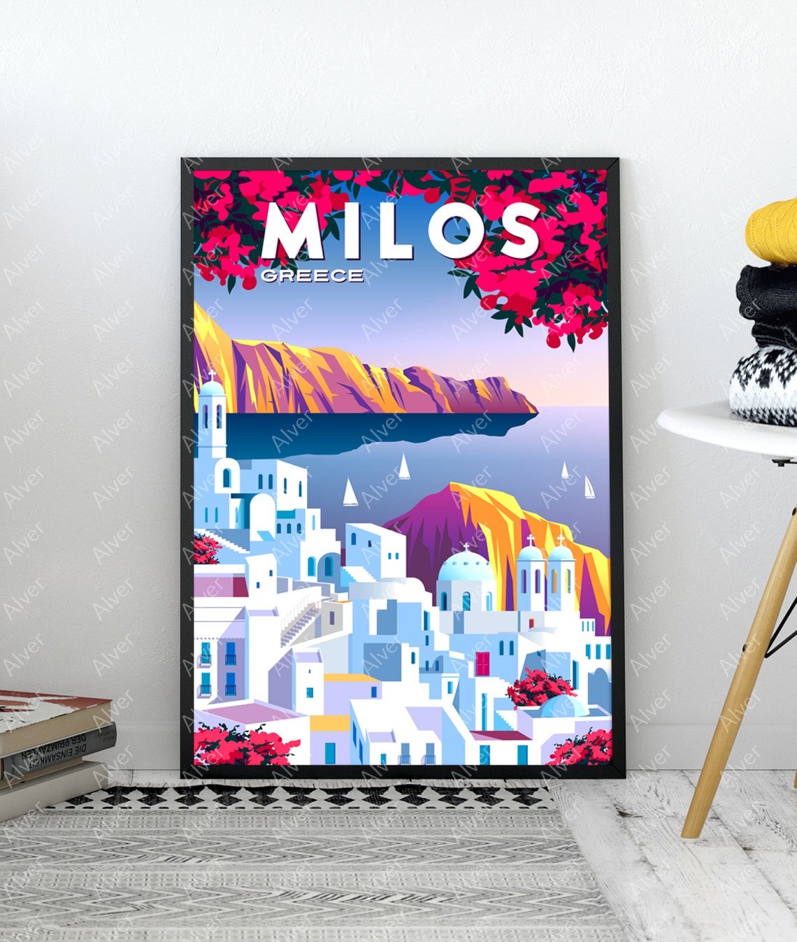 Milos Greece Whitewashed Village Sailboats Bougainvillea Poster - Image 3