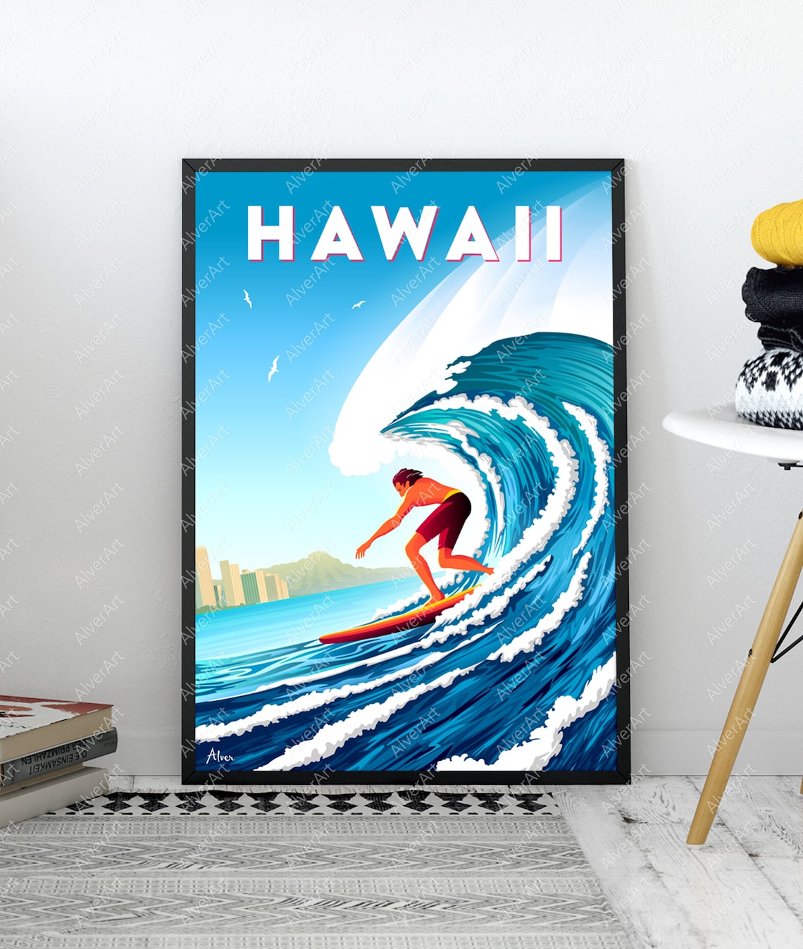 Hawaii Poster Hawaii Travel Print Surfing Wall Art Ocean Surfboard Wave Art Unframed - Image 3