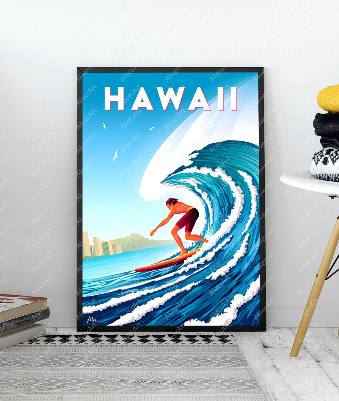 Hawaii Surfing Big Wave Waikiki Skyline Vintage Beach Travel Poster - Image 3