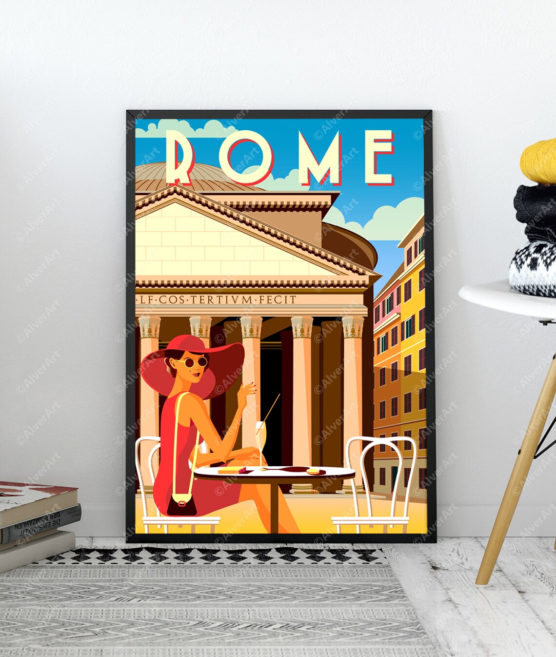 Rome Pantheon Vintage Travel Poster With Woman at Cafe Art Scene - Image 2