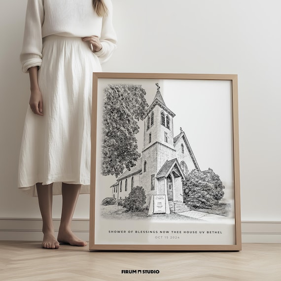 Custom Church Portrait, Black And White Illustration Art Print