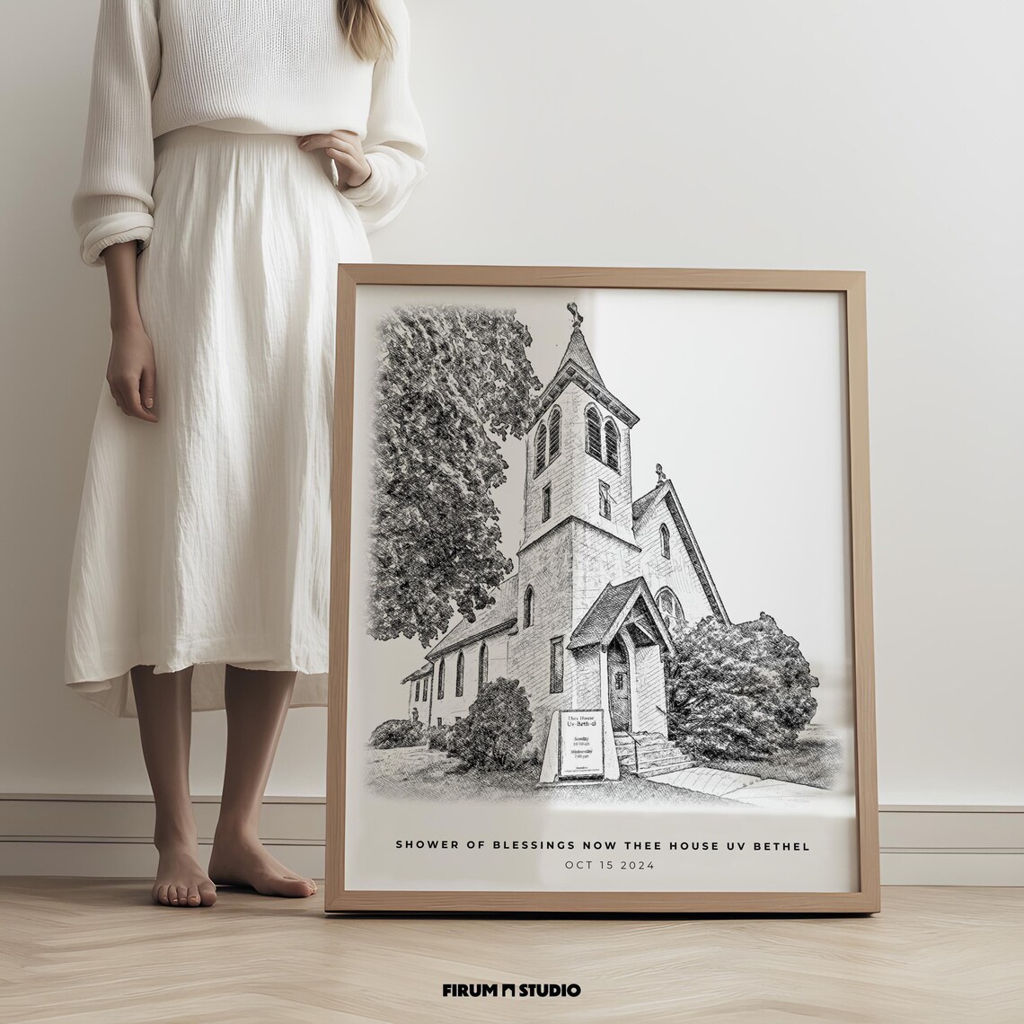 Custom Church Portrait, Black And White Illustration Art Print
