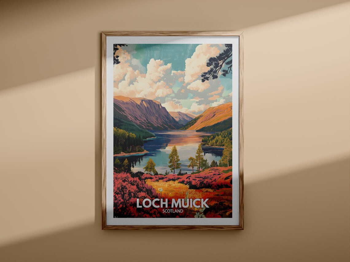 Loch Muick Scotland Mountain Heather Shoreline Retro Travel Poster - Image 3