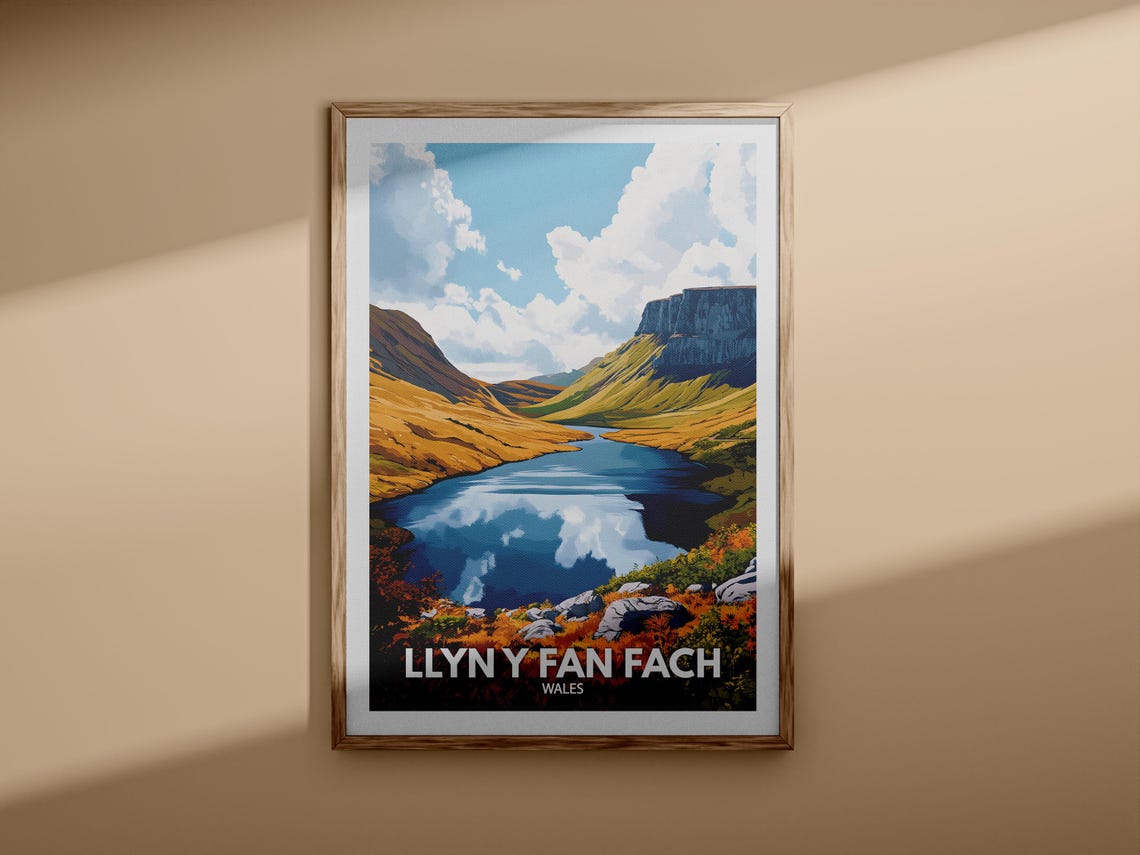 Llyn Y Fan Fach Wales Golden Mountain Lake Retro Travel Poster - Image 3