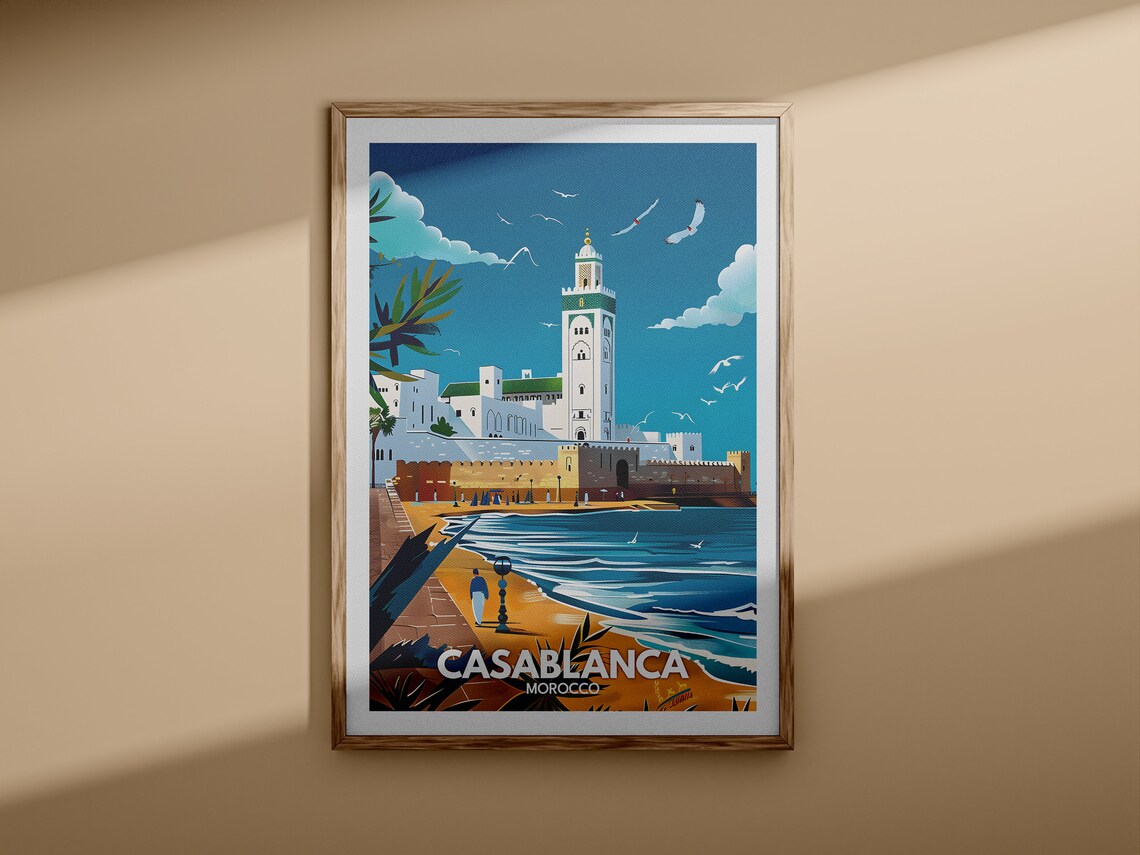 Casablanca Morocco Hassan II Mosque Vintage Style Travel Poster - Image 3