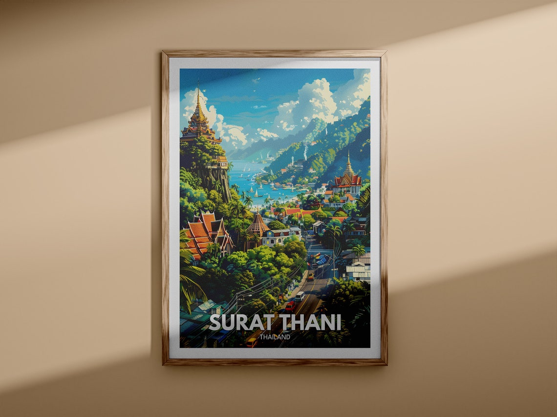 Surat Thani Thailand Coastal Temples Golden Chedi Travel Poster - Image 3