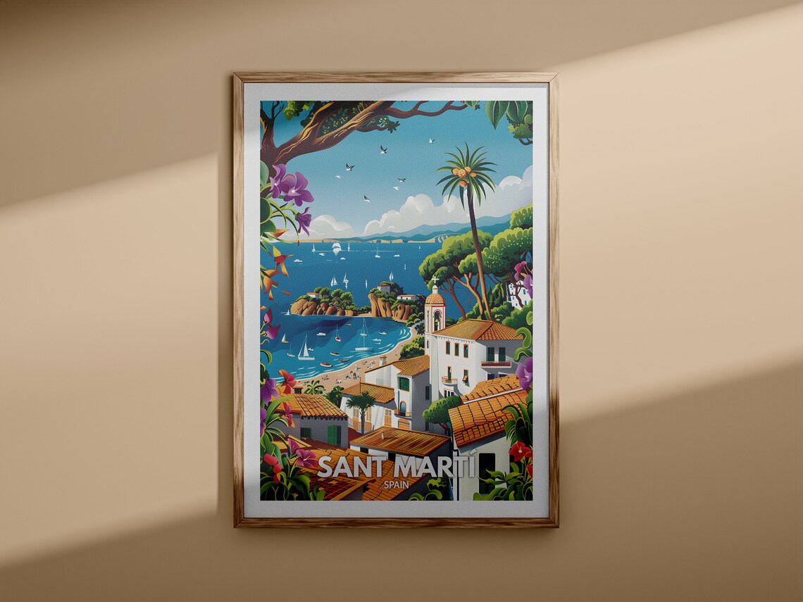 Sant Marti Spain Coastal Town Beach Sailboats Vintage Travel Poster - Image 3