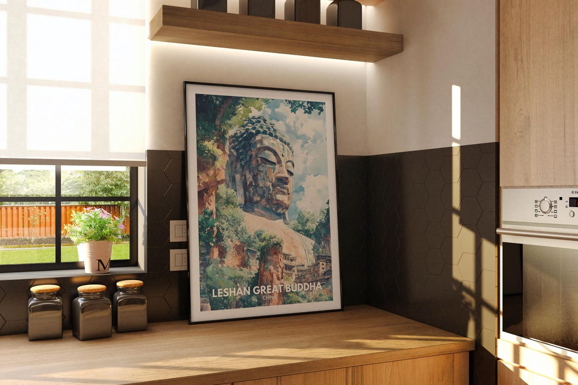 Leshan Great Buddha China Giant Stone Buddha Face Watercolor Poster - Image 2