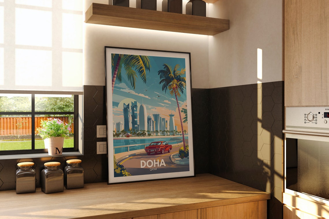 Doha Qatar Vintage Skyline Palm Tree Waterfront Travel Poster - Image 2