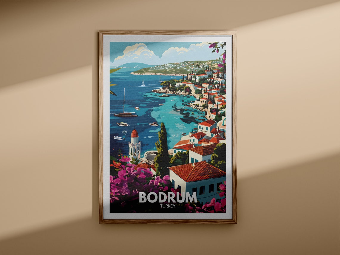 Bodrum Turkey Coastal Town Harbor Bougainvillea Scene Poster - Image 3