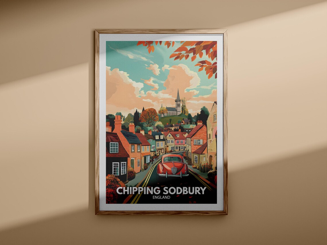 Chipping Sodbury England Vintage Car Church Street Scenic Travel Poster - Image 3