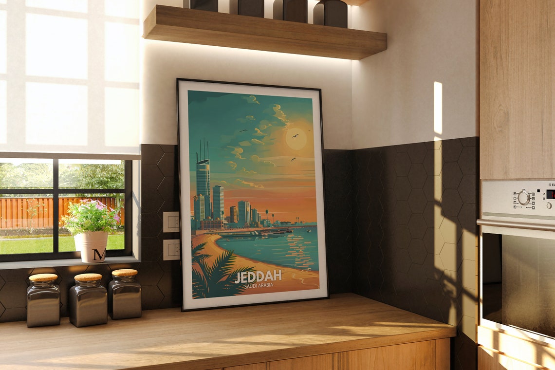Jeddah Saudi Arabia Waterfront Sunset Skyline Vintage Travel Poster - Image 2