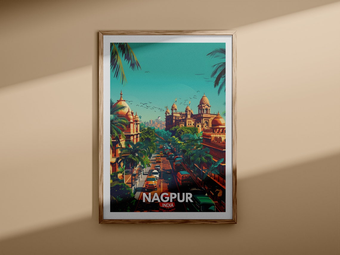 Nagpur India Palace Street Palm Trees Cityscape Vintage Travel Poster - Image 3