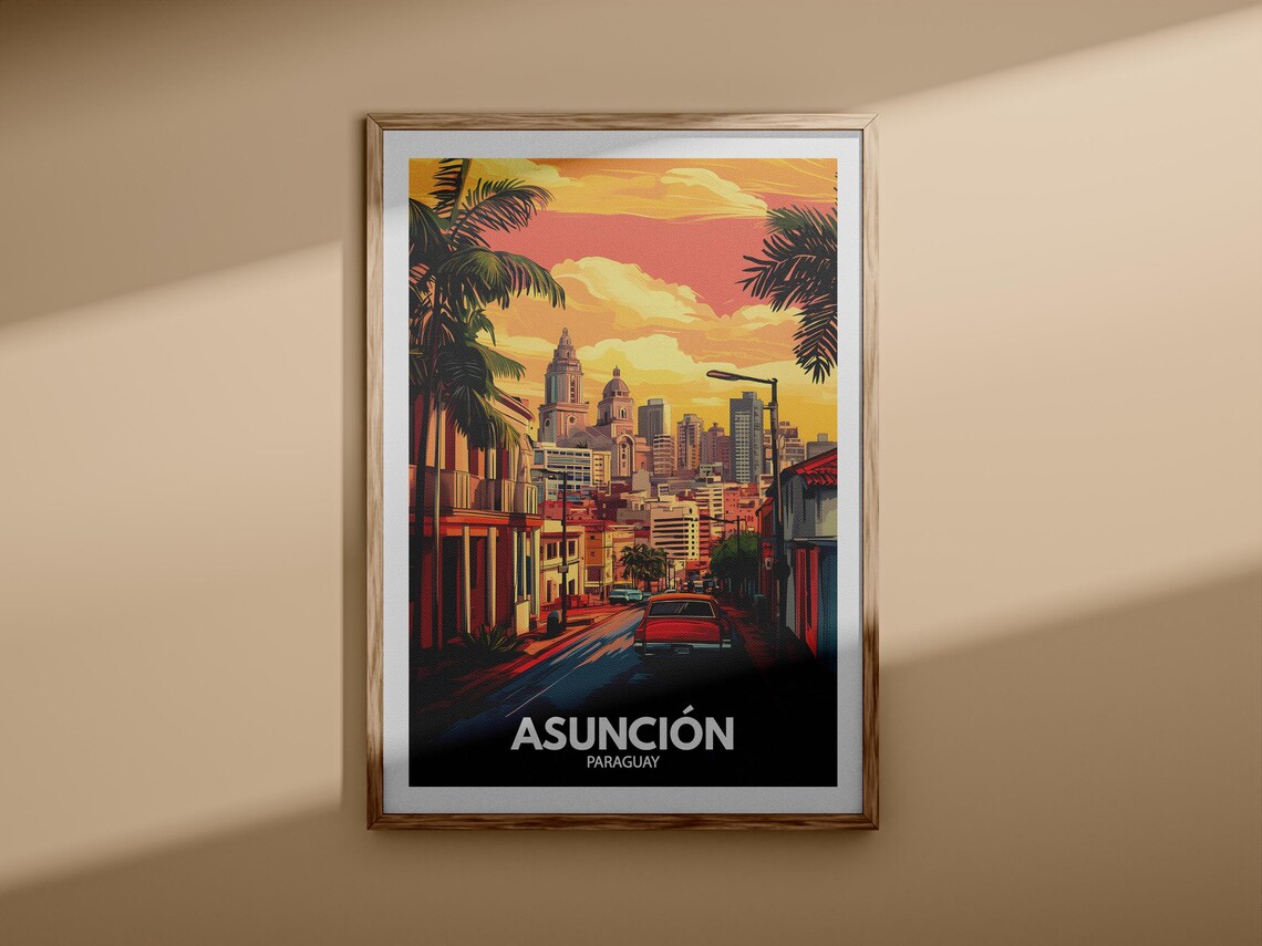 Asuncion Paraguay Sunset Street Classic Car Travel Poster Art - Image 3