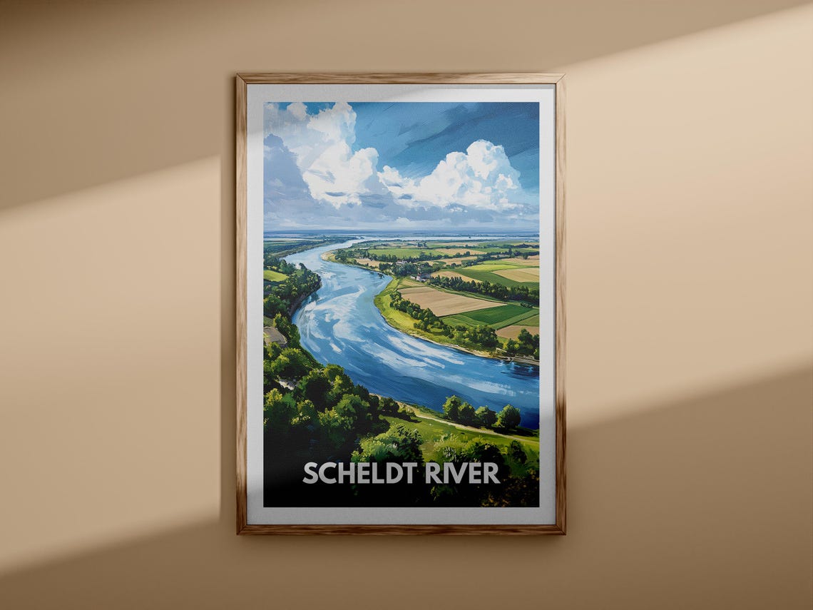 Scheldt River Wide Aerial Bend Green Fields Retro Travel Poster - Image 3