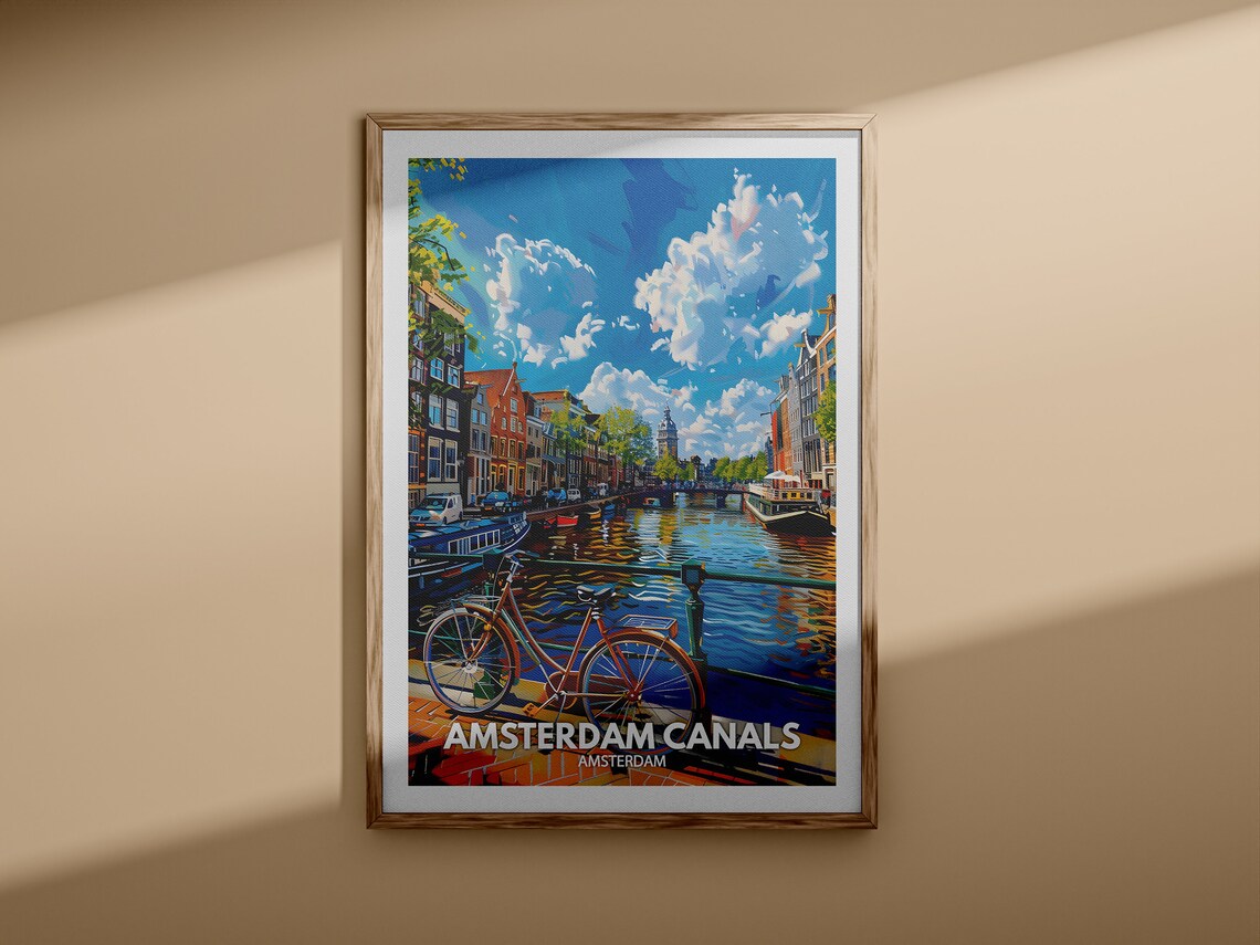 Amsterdam Canals Bicycle Houseboats Scenic Dutch City Travel Poster - Image 3