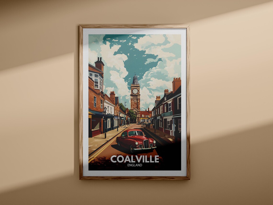 Coalville England Clock Tower Street Vintage Red Car Travel Poster - Image 3