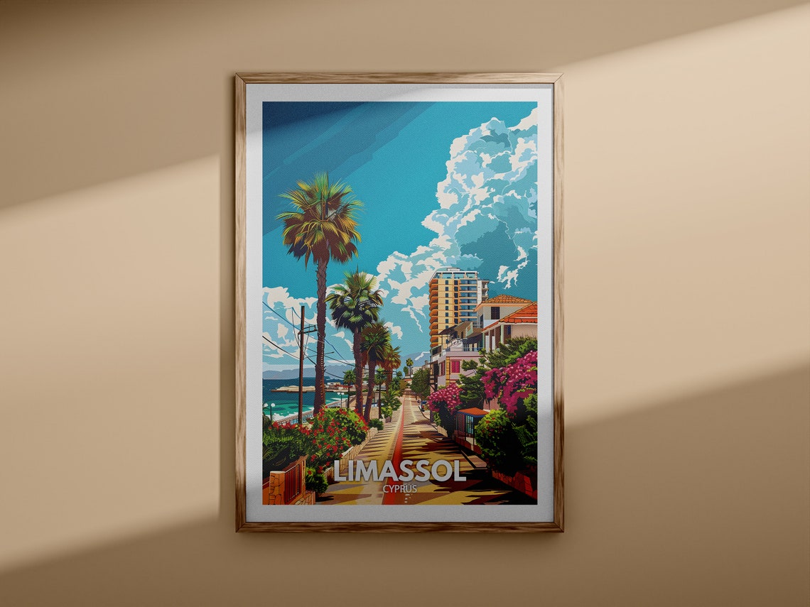 Limassol Cyprus Palm Promenade Sea View Beachfront Travel Poster - Image 3