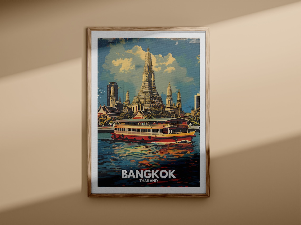 Bangkok Thailand Wat Arun Temple River Boat Vintage Travel Poster - Image 3