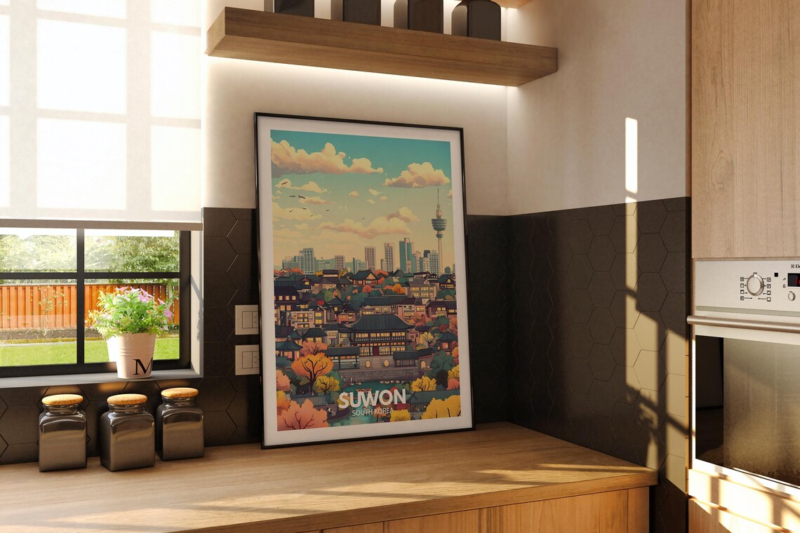 Suwon South Korea Autumn Skyline Palace Vintage Travel Poster - Image 2
