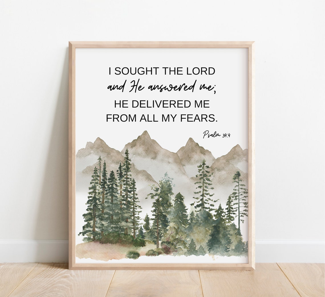 I Sought The Lord Psalm 34 Watercolor Forest Mountain Scripture Print