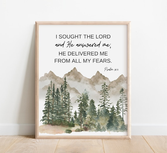 I Sought The Lord Psalm 34 Watercolor Forest Mountain Scripture Print