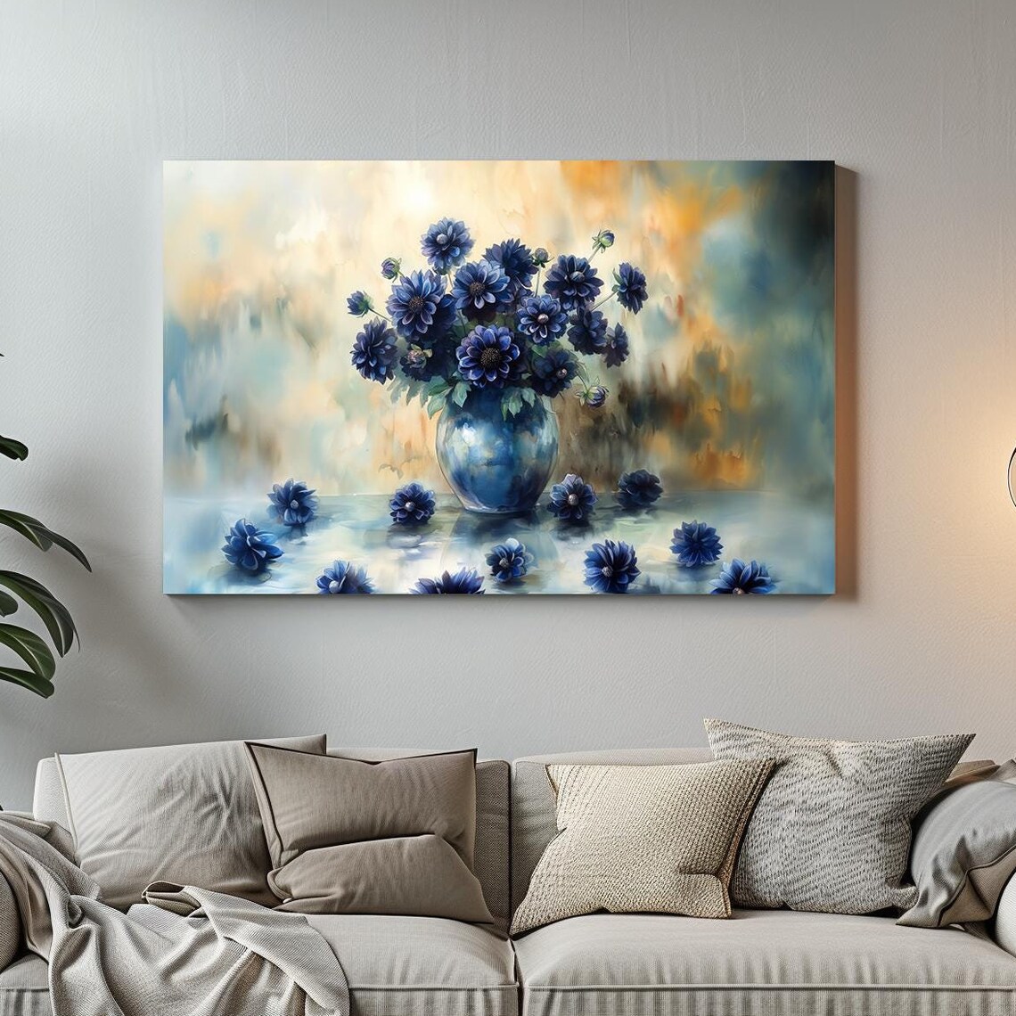 Dark Blue Dahlias in Vase Golden Haze Watercolor Floral Poster