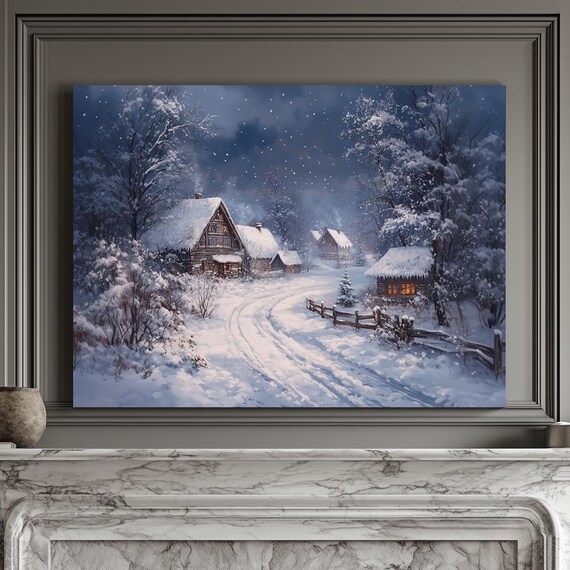 Snowy Country Road Through Glowing Village Cabins Winter Landscape Wall Art