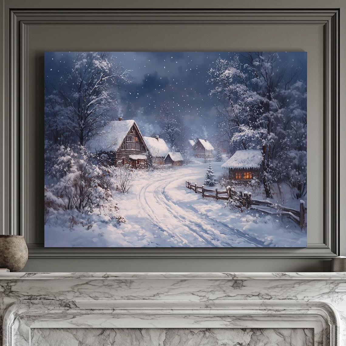 Snowy Country Road Through Glowing Village Cabins Winter Landscape Wall Art
