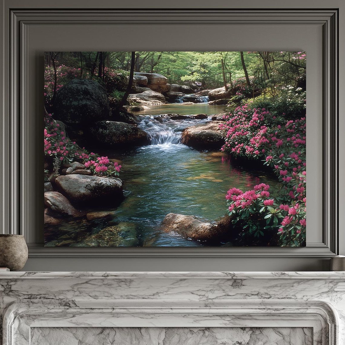 Serene Emerald Forest Creek Pink Blooms Cascading Falls Wall Art