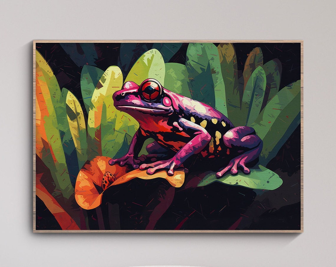 Vivid Magenta Tree Frog Resting on Lush Leaf Jungle Art Poster - Image 3