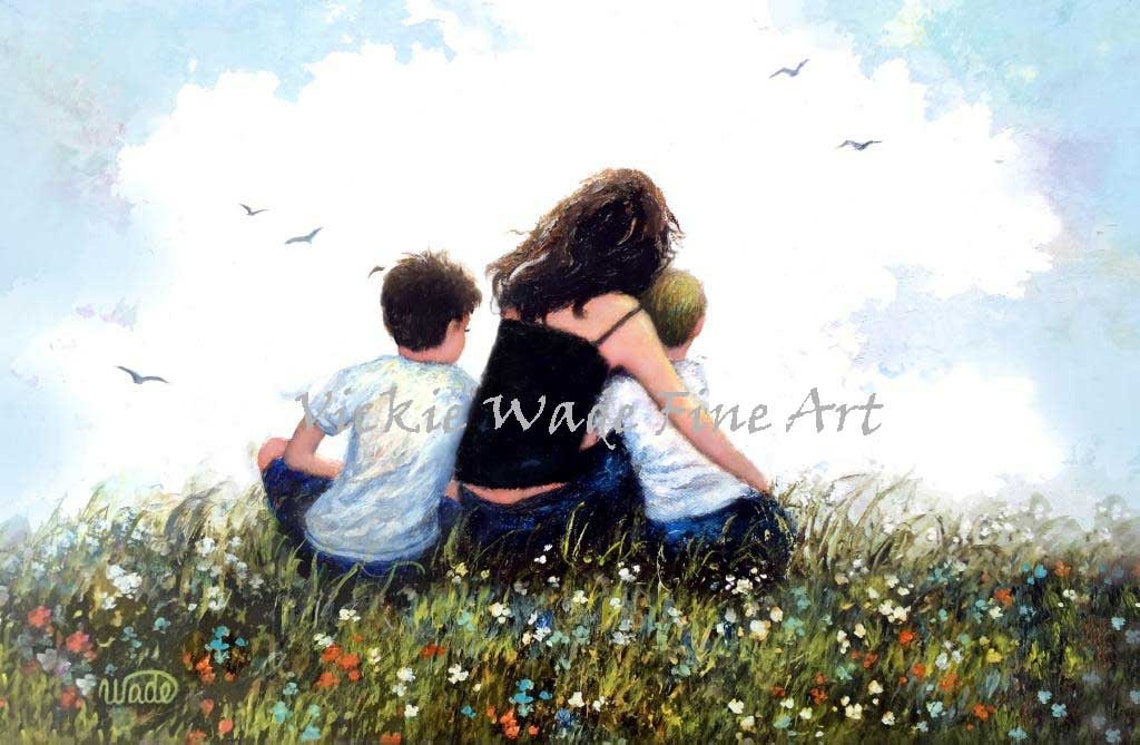 Brunette Mother Hugging Her Two Sons in a Wildflower Meadow Poster