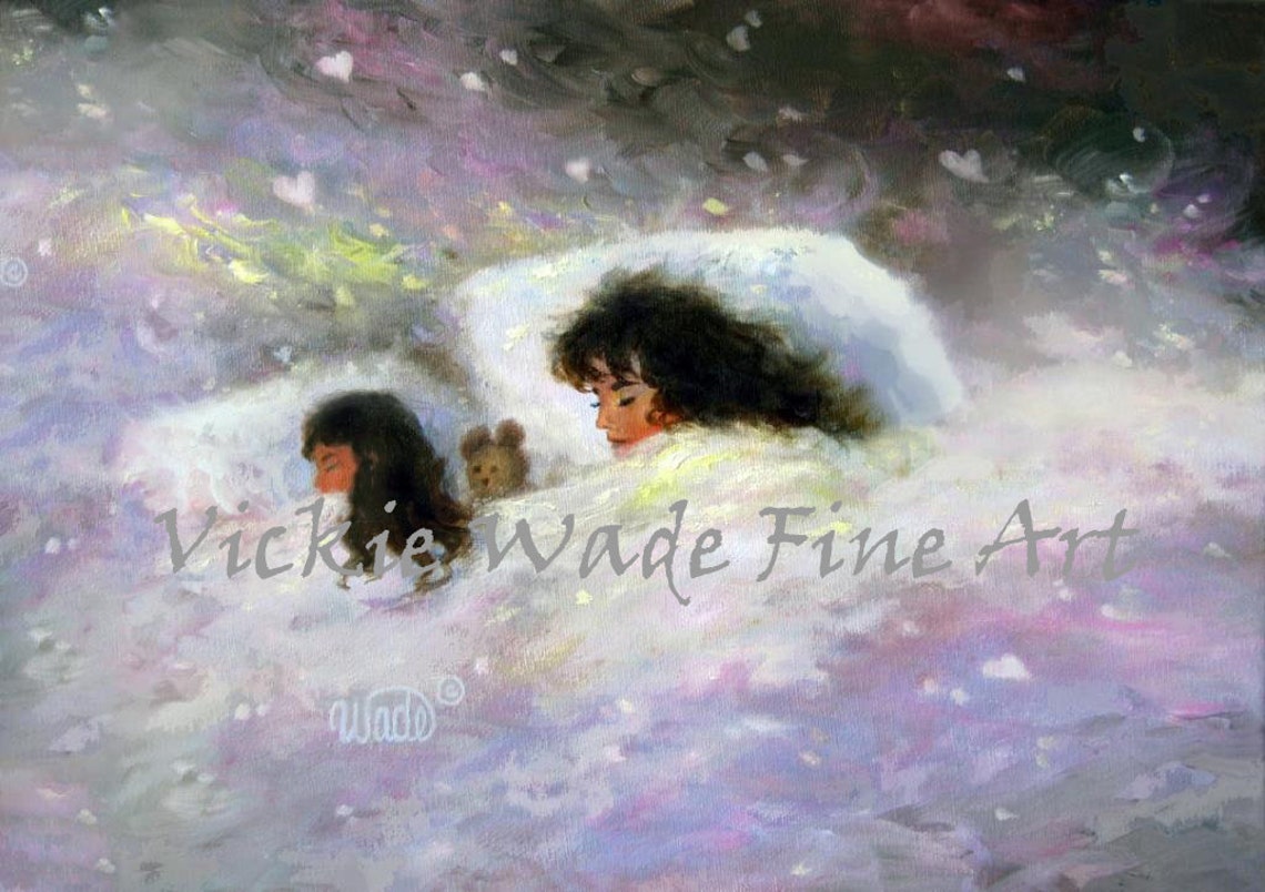 Mother and Child Sleeping Under Soft Dreamy Pastel Clouds Poster