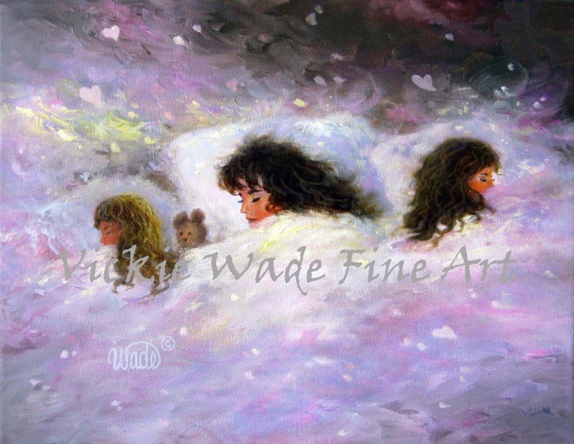 Mother and Two Daughters Sleeping Under a Dreamy Quilt Poster