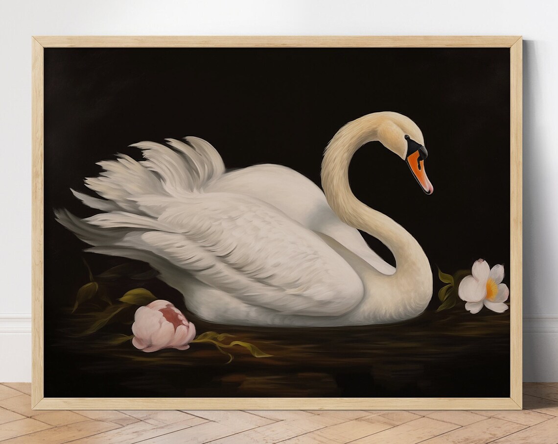 White Swan Dark Background Vintage Floral Elegant Oil Painting Poster
