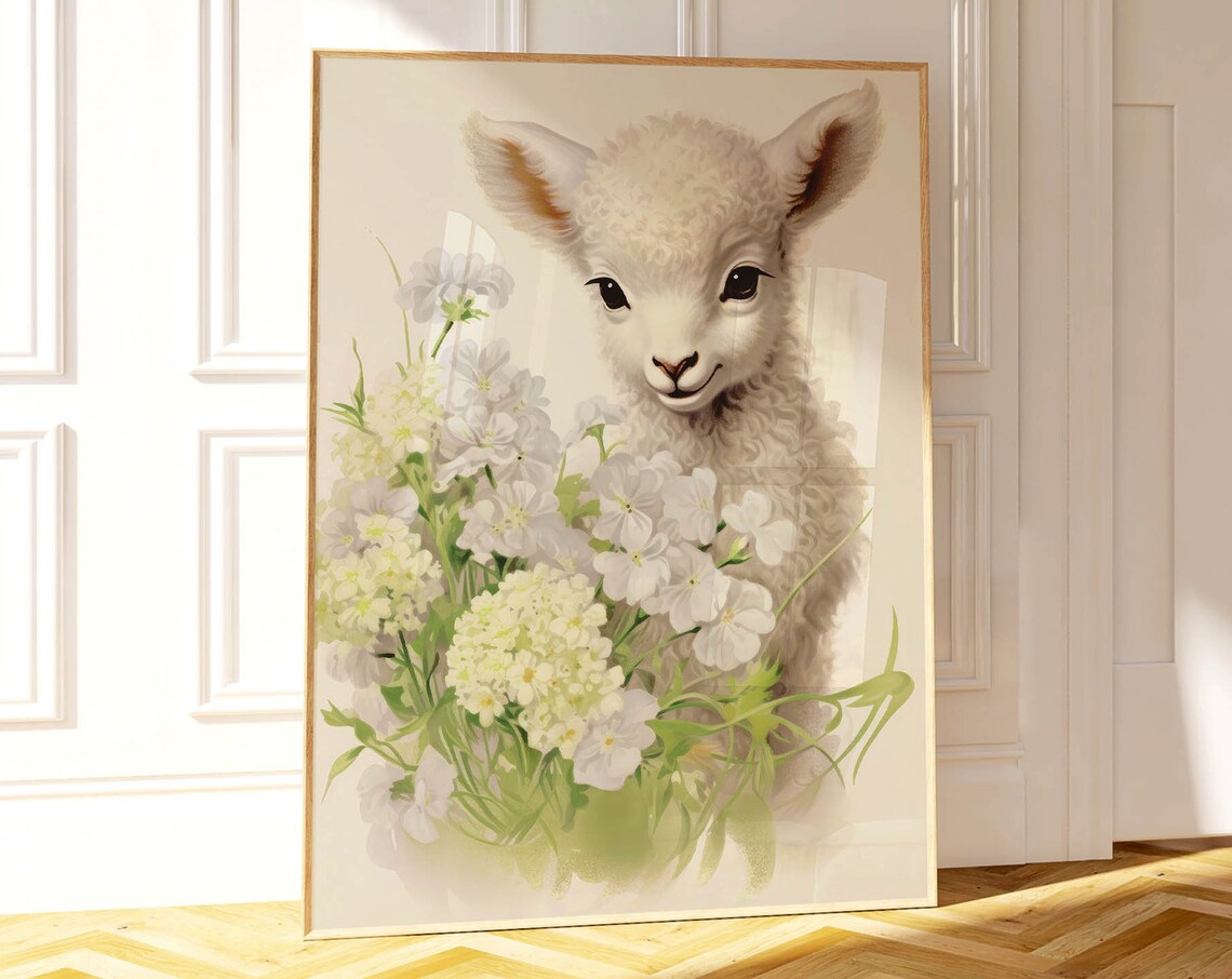 Cute White Lamb With Spring Flowers Easter Baby Animal Art Poster