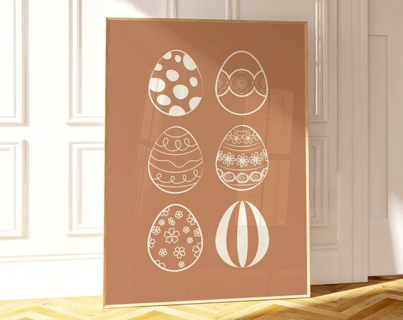 Six Patterned Easter Eggs Line Art Terracotta Spring Wall Poster