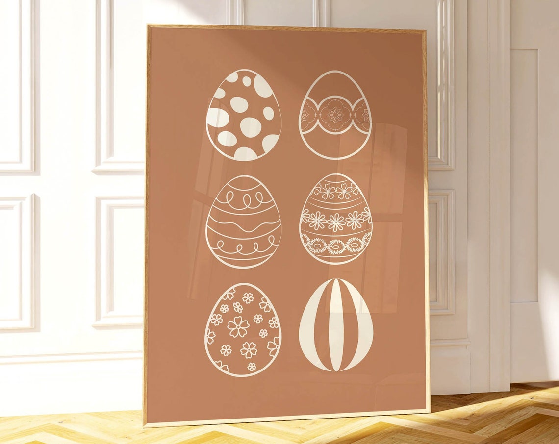Six Patterned Easter Eggs Line Art Terracotta Spring Wall Poster