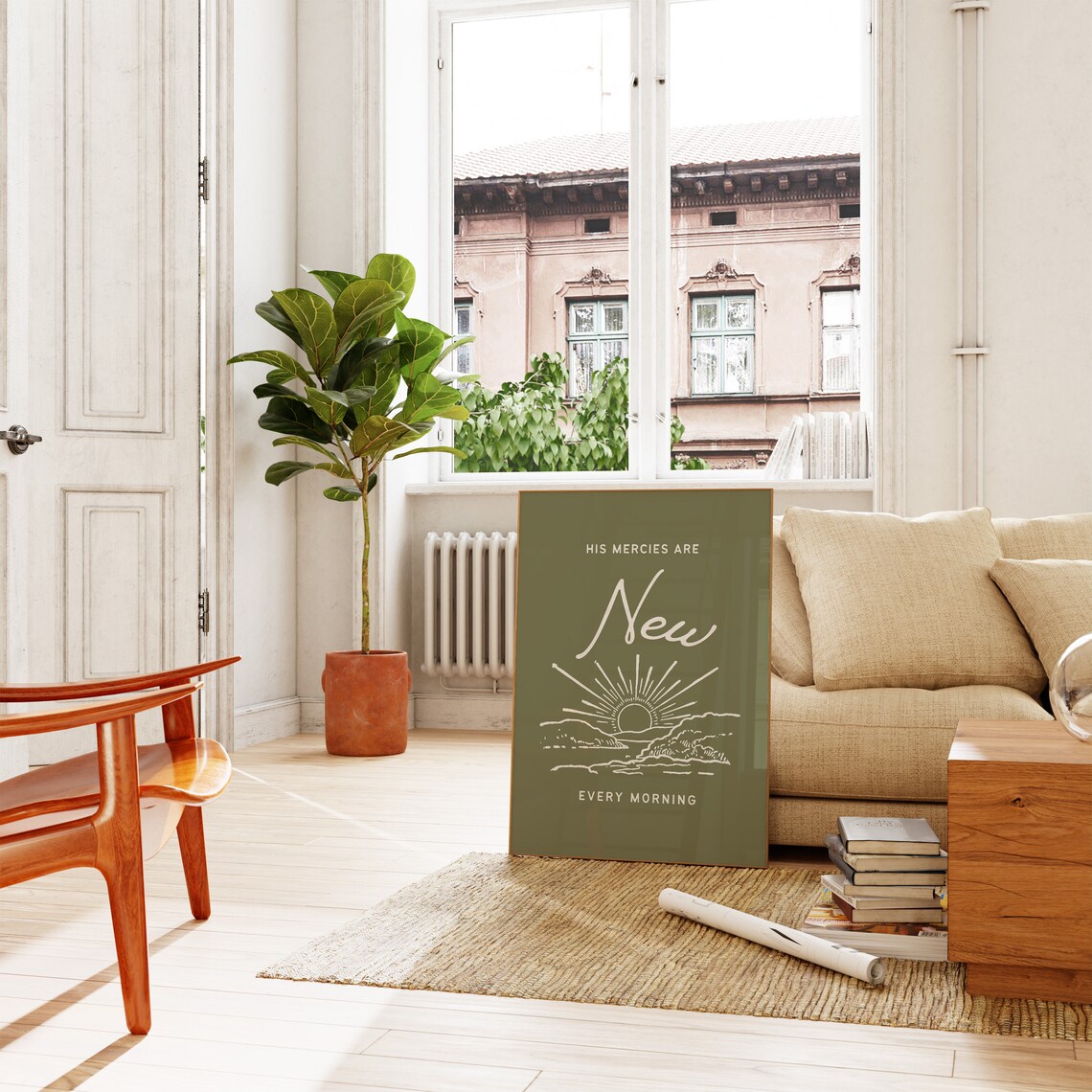 His Mercies Are New Every Morning Sunrise Line Art Olive Poster - Image 3