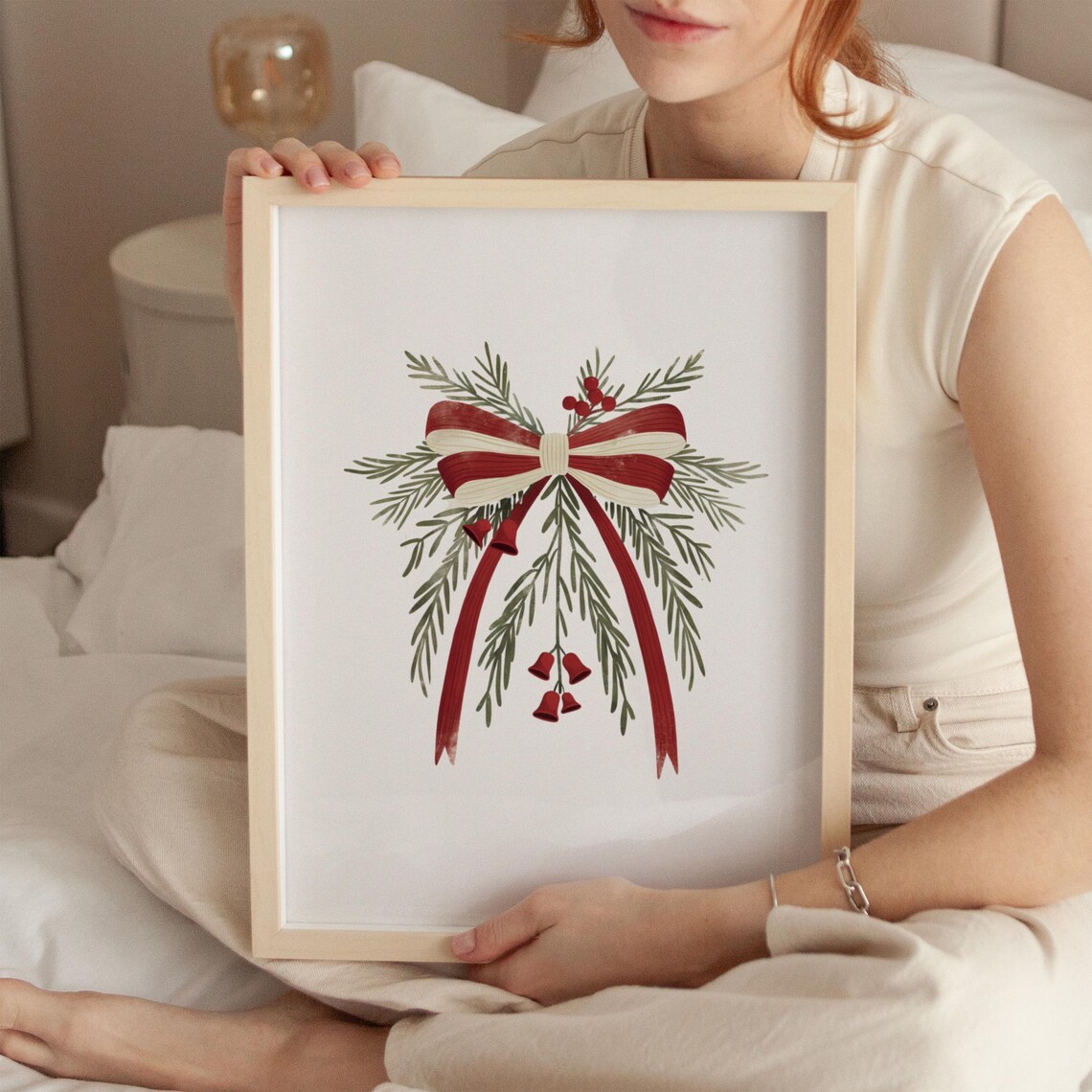 Coquette Christmas Bow Watercolor Pine Berries Festive Holiday Poster - Image 2