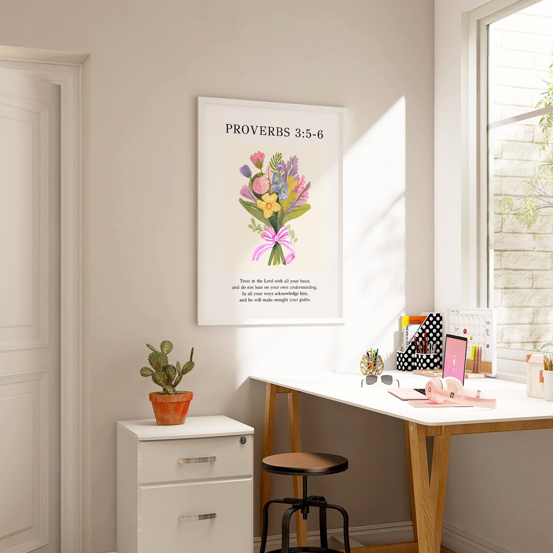 Proverbs 3:5-6 Trust in the Lord Watercolor Bouquet Pink Bow Floral Poster - Image 4