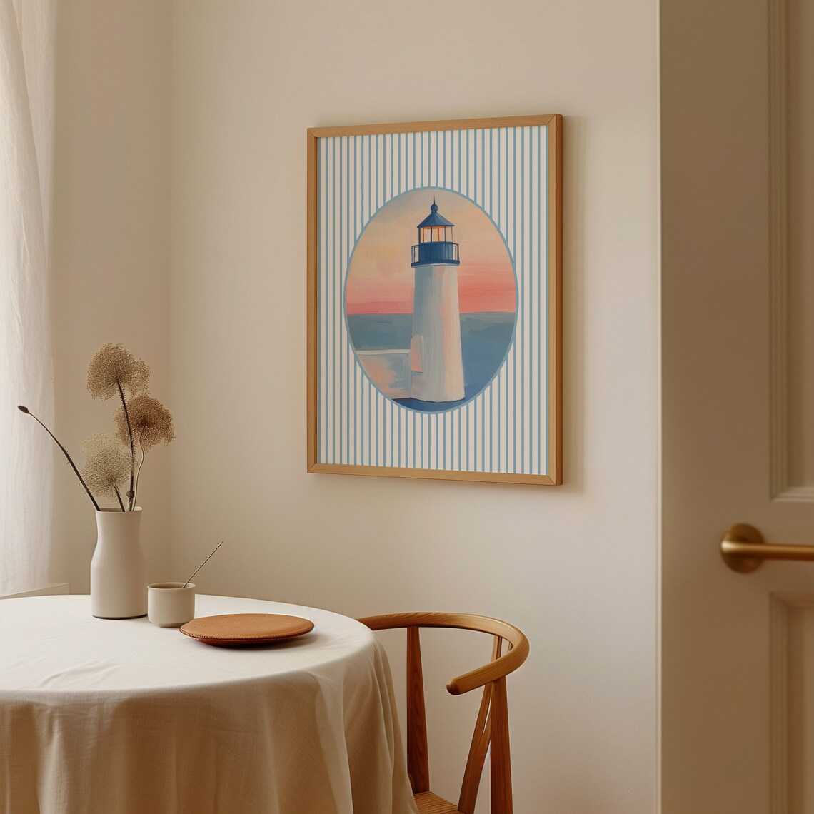 Sunset Lighthouse Oval Coastal Striped Beach House Scenic Art Poster - Image 3