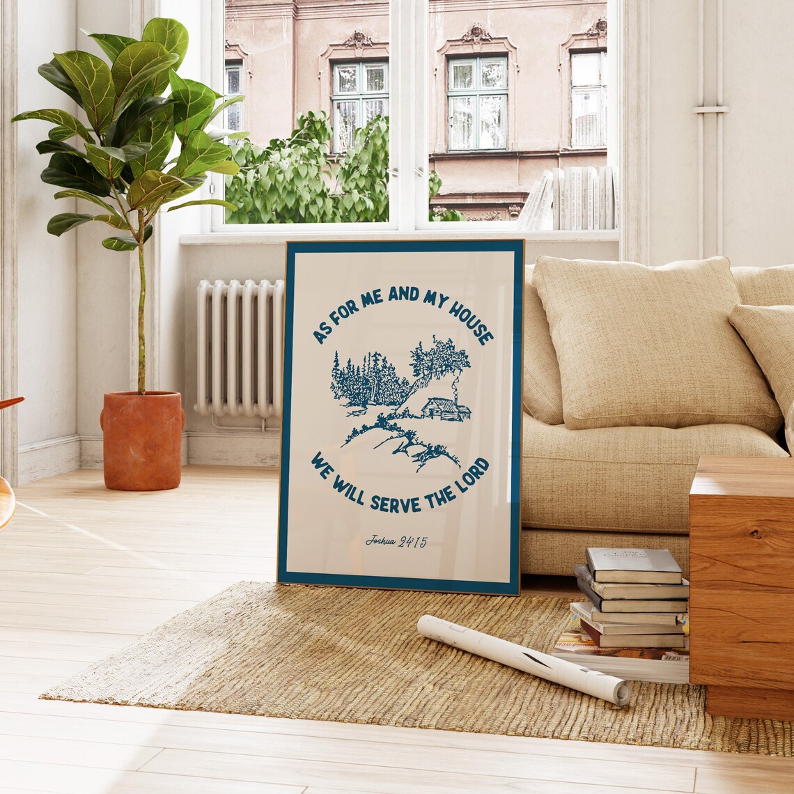 Joshua 24 15 We Will Serve The Lord Navy Blue Cabin Bible Verse Wall Art