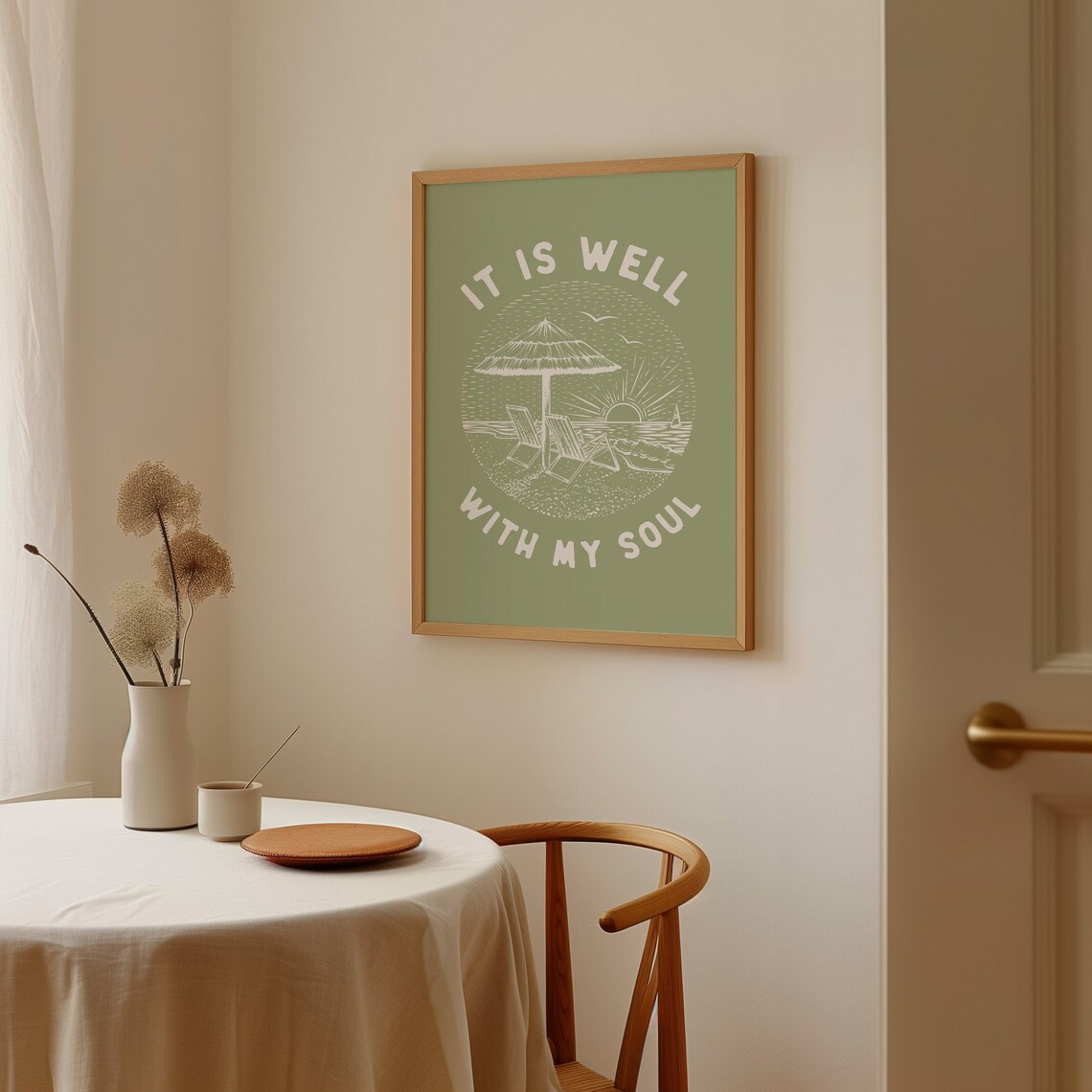 It Is Well With My Soul Beach Sunset Green Vintage Line Poster - Image 3