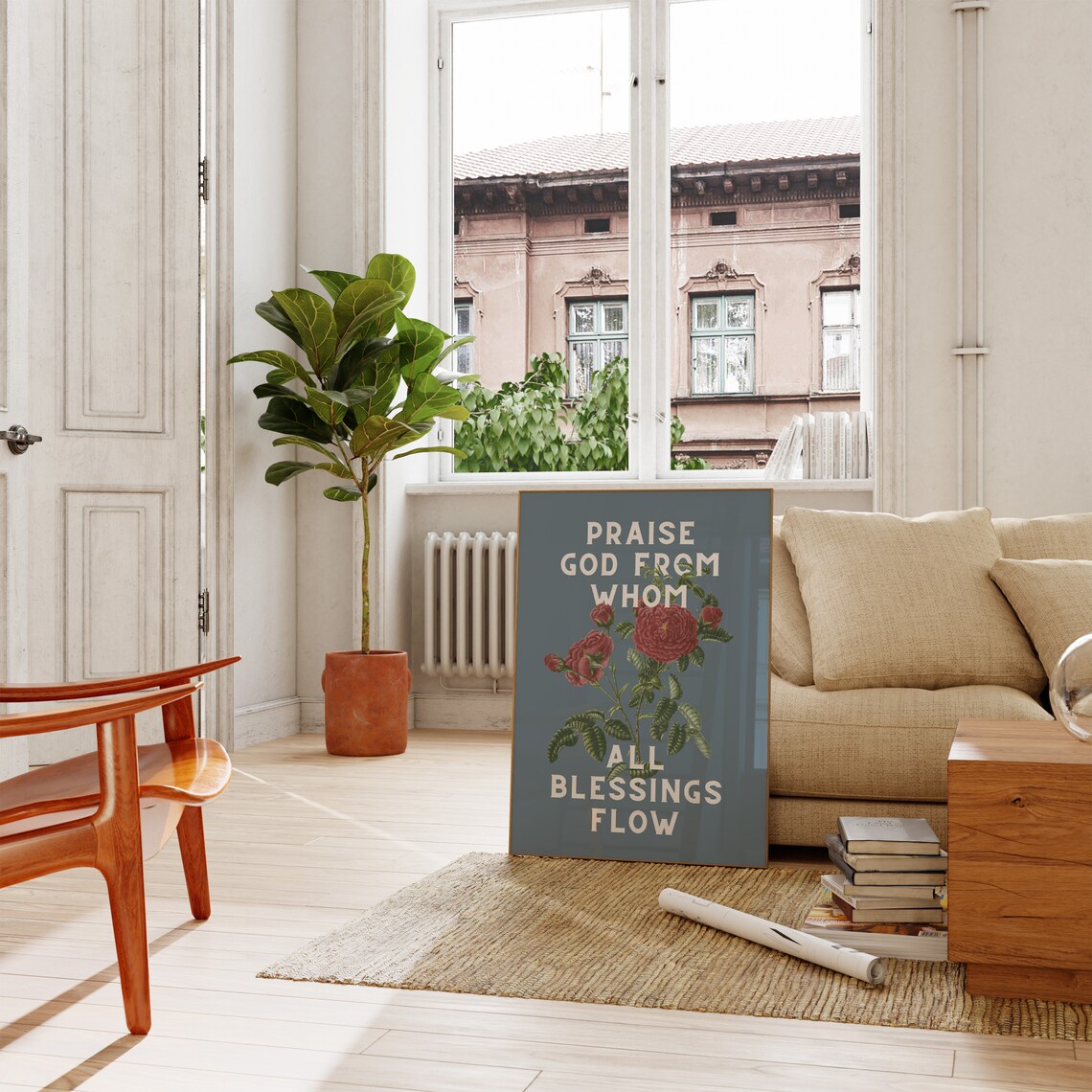 Praise God from Whom All Blessings Flow Vintage Red Roses Blue Art Poster - Image 2