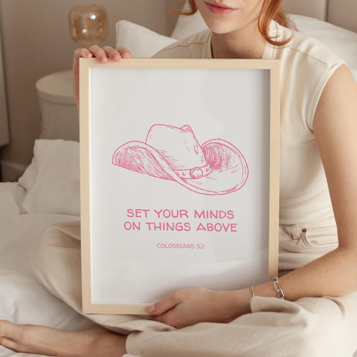 Colossians 3:2 Cowboy Hat Pink Line Art Christian Verse Wall Poster - Image 3